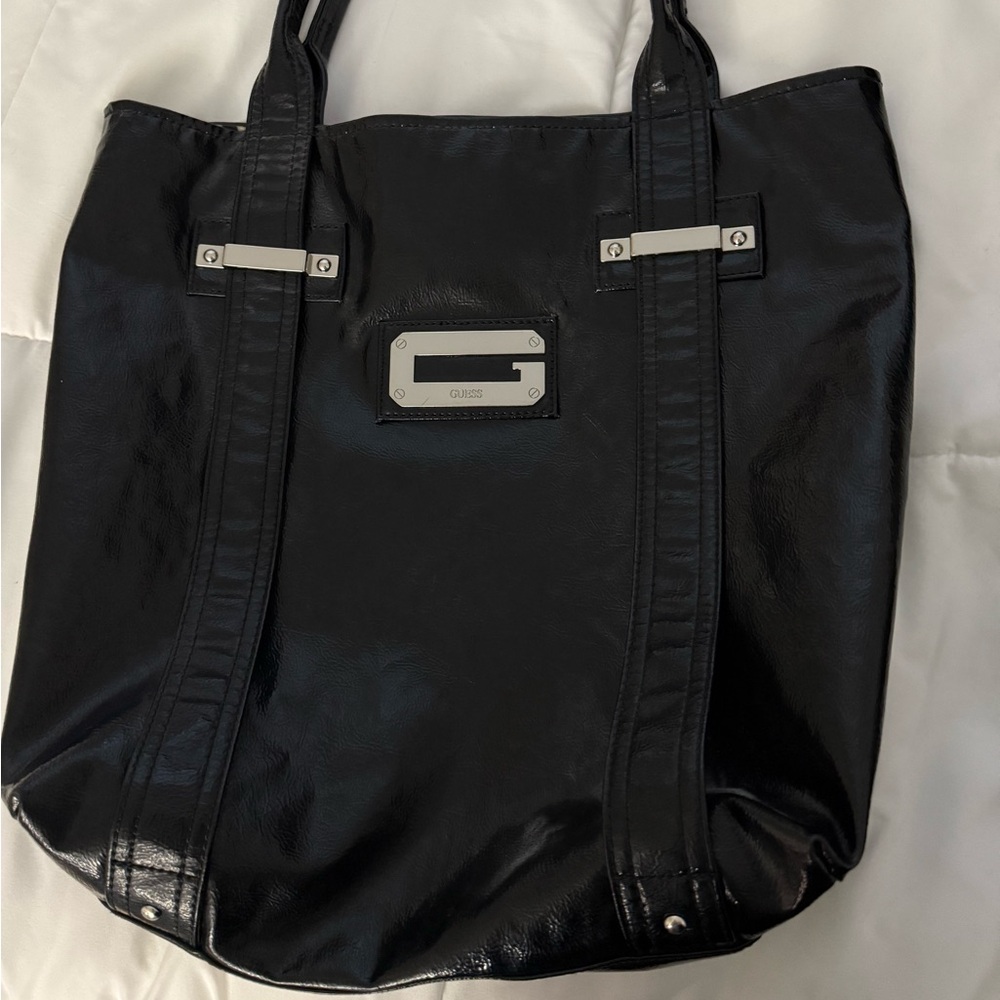 vintage Guess black faux patent leather tote bag